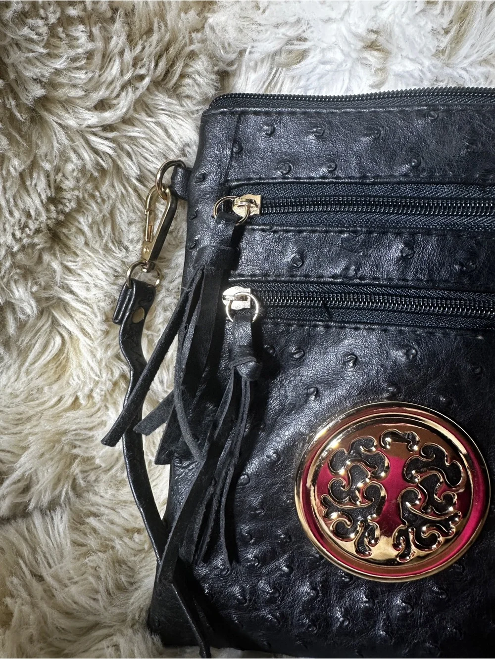 Faux Ostrich Crossbody Bag Black Fringe Travel Purse Gold Medallion Small